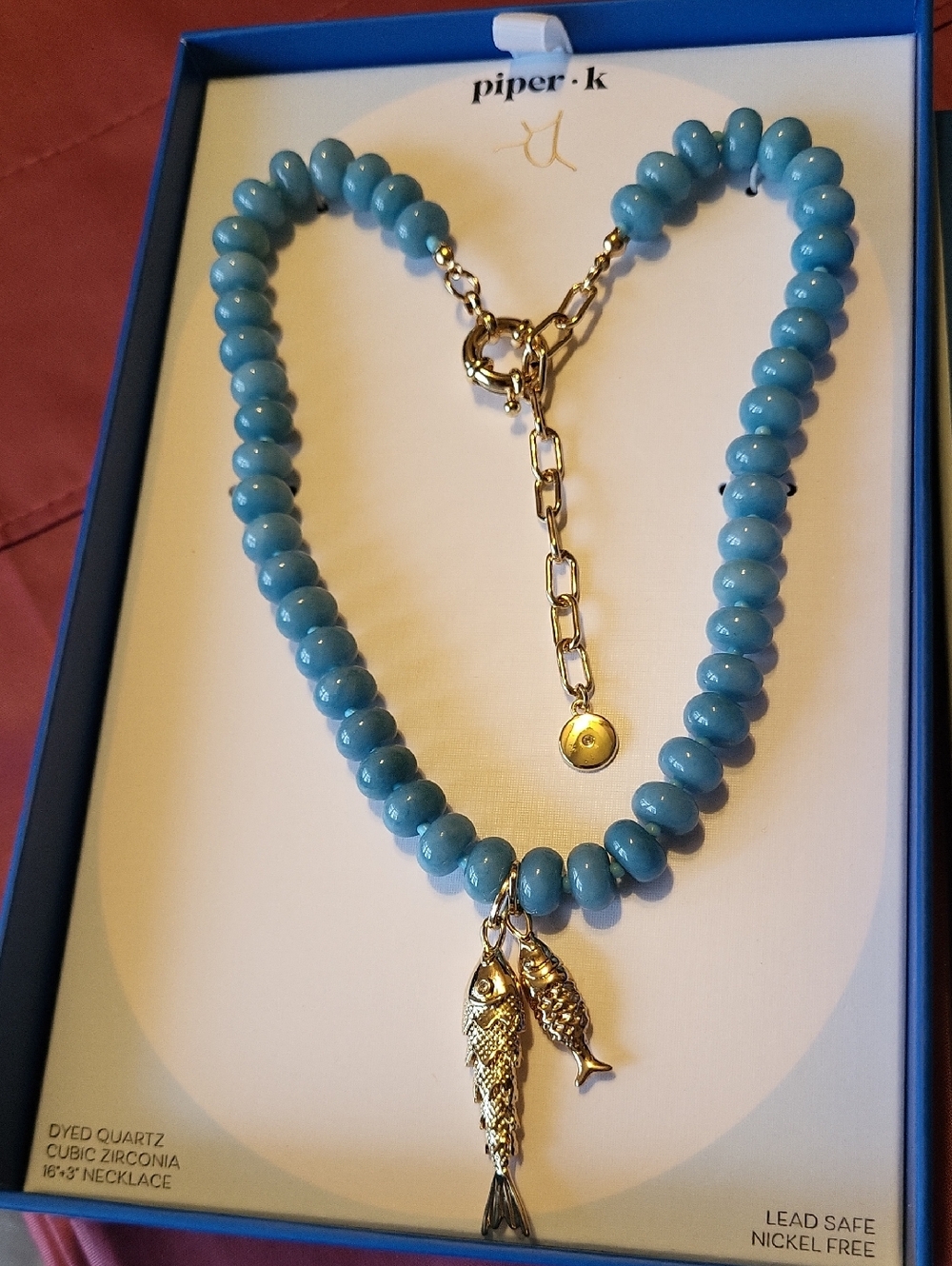 Piper K Blue DYED QUARTZ Beaded Necklace with Gold Fish Charms Bnib Ti M